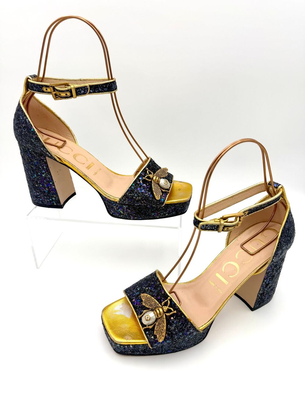 Authentic Gucci Soko Bee Glitter Platform Sandals Black Size 40 / 10 Ankle Strap